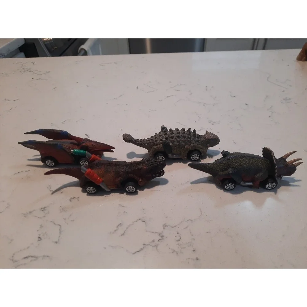 4 Dinobros Dinosaur Go-Kart Pull‎ Back Plastic Toy Car Rubber Tires